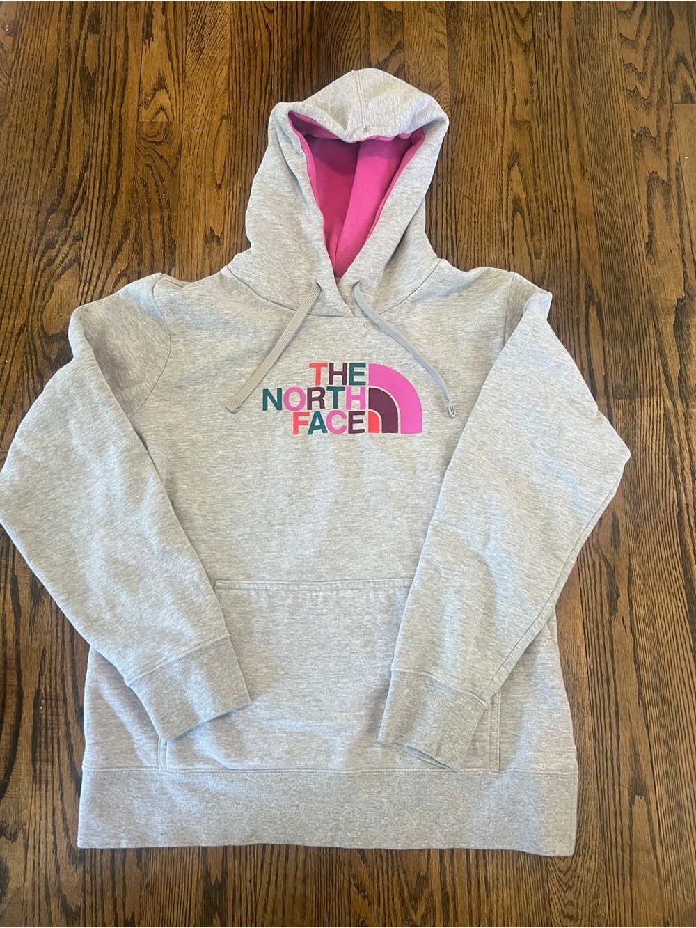 The North Face Heather Gray Pullover Hoodie with Pink Lining and Multicolor Logo